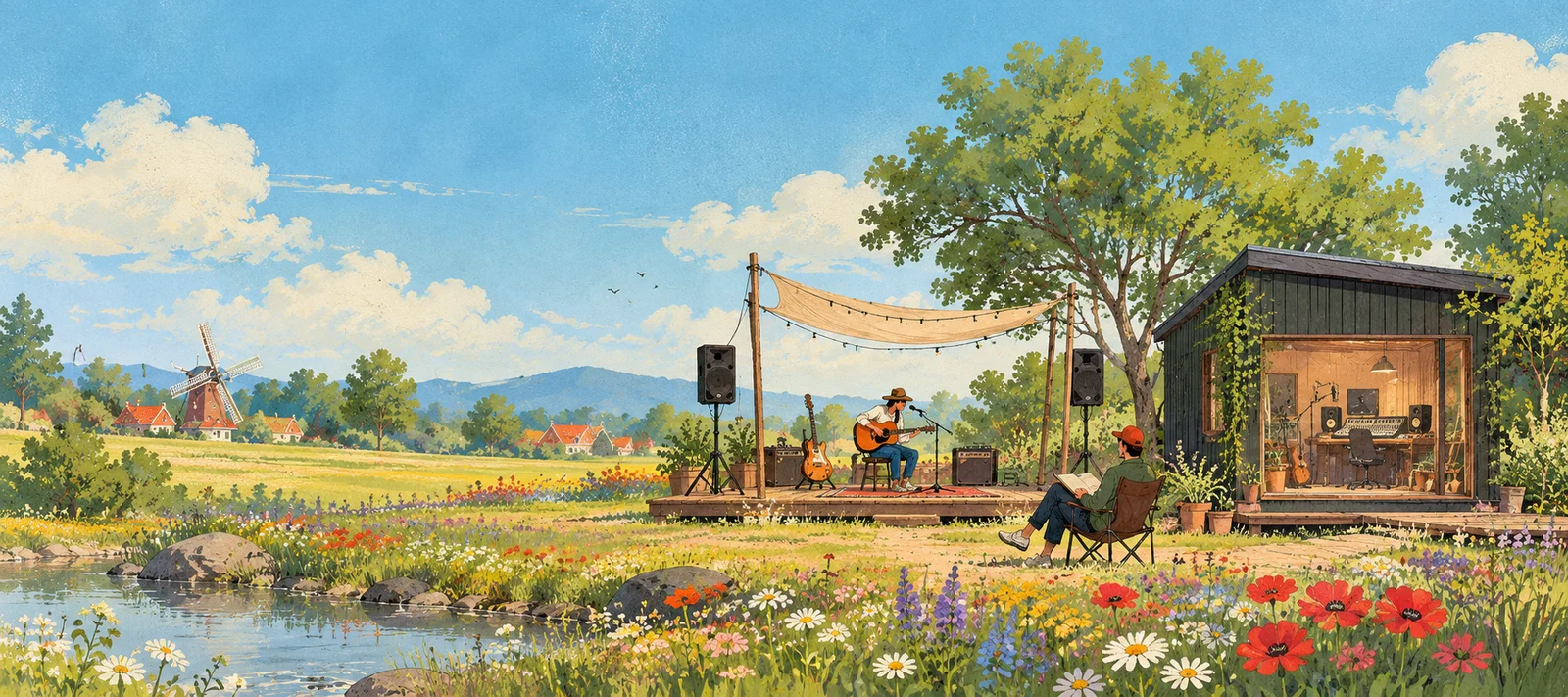 Illustrated outdoor music stage and recording studio