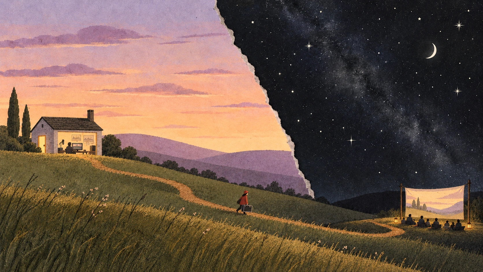 An illustrated journey from a film and music studio to an audience under the night sky
