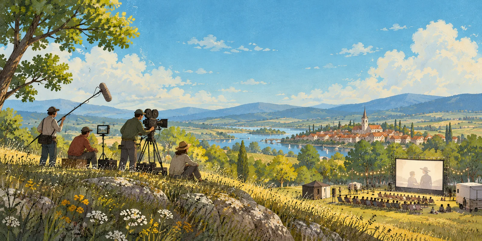 Illustrated film crew filming above an outdoor cinema